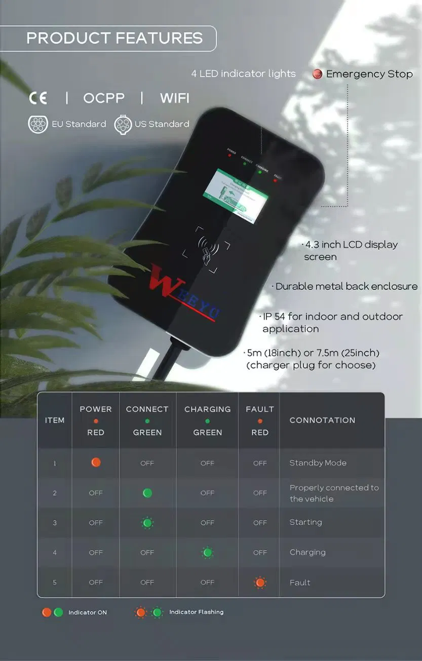 7kw Fast EV Charger IP54 Wall Mount Wallbox Quick Electrical Car Charger EV Charging Station with 5m Length Cable